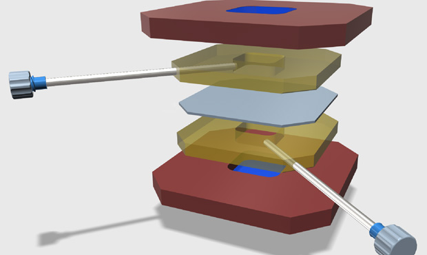 Exploded 3D diagram of a liposome dialyzer device: alternating red and gold plates with a central gray dialysis membrane, connected by two syringe needles, used for preparing high-value small-volume liposome formulations